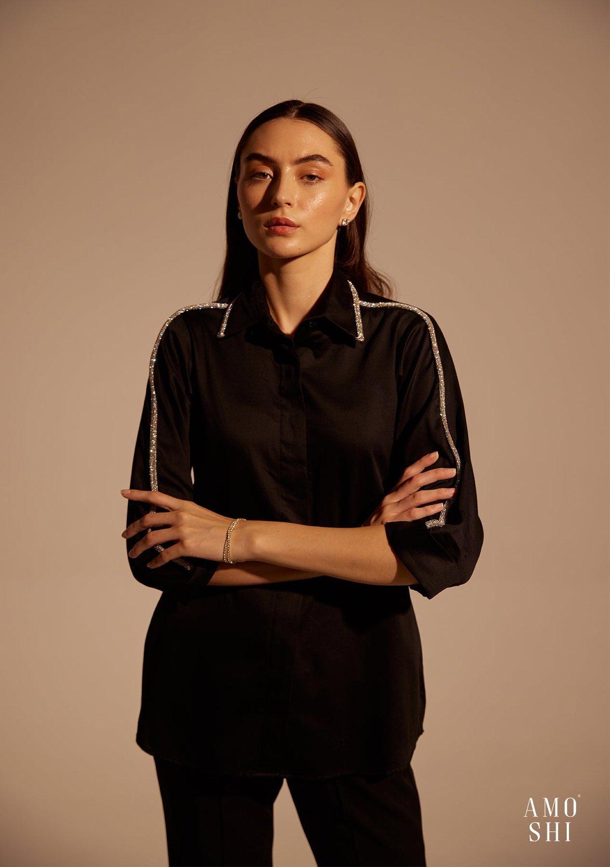 Black Relaxed-Fit Button-Down Shirt with Rhinestone Detail