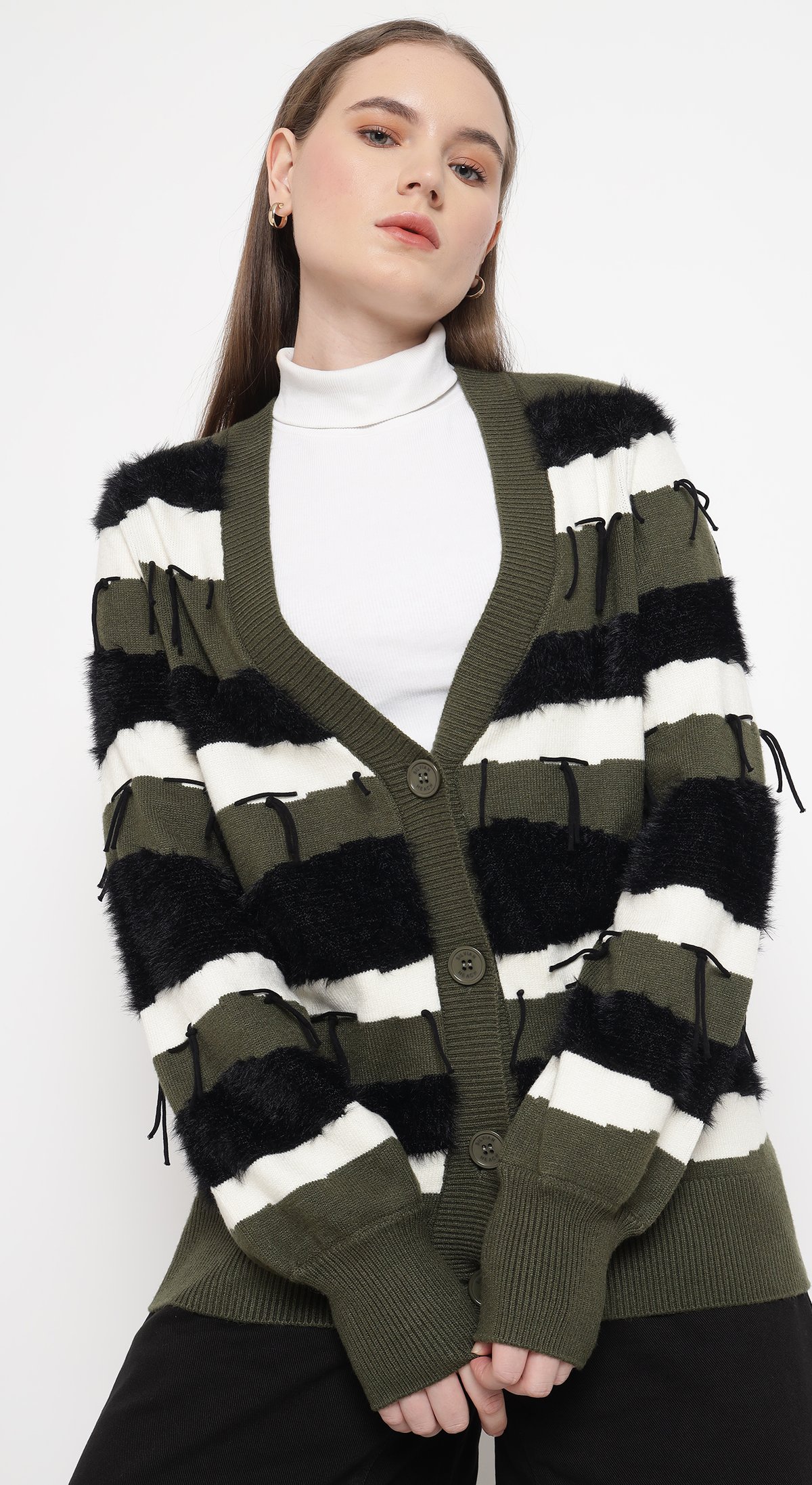 Olive Striped Faux-Fur Trim V-Neck Button Cardigan