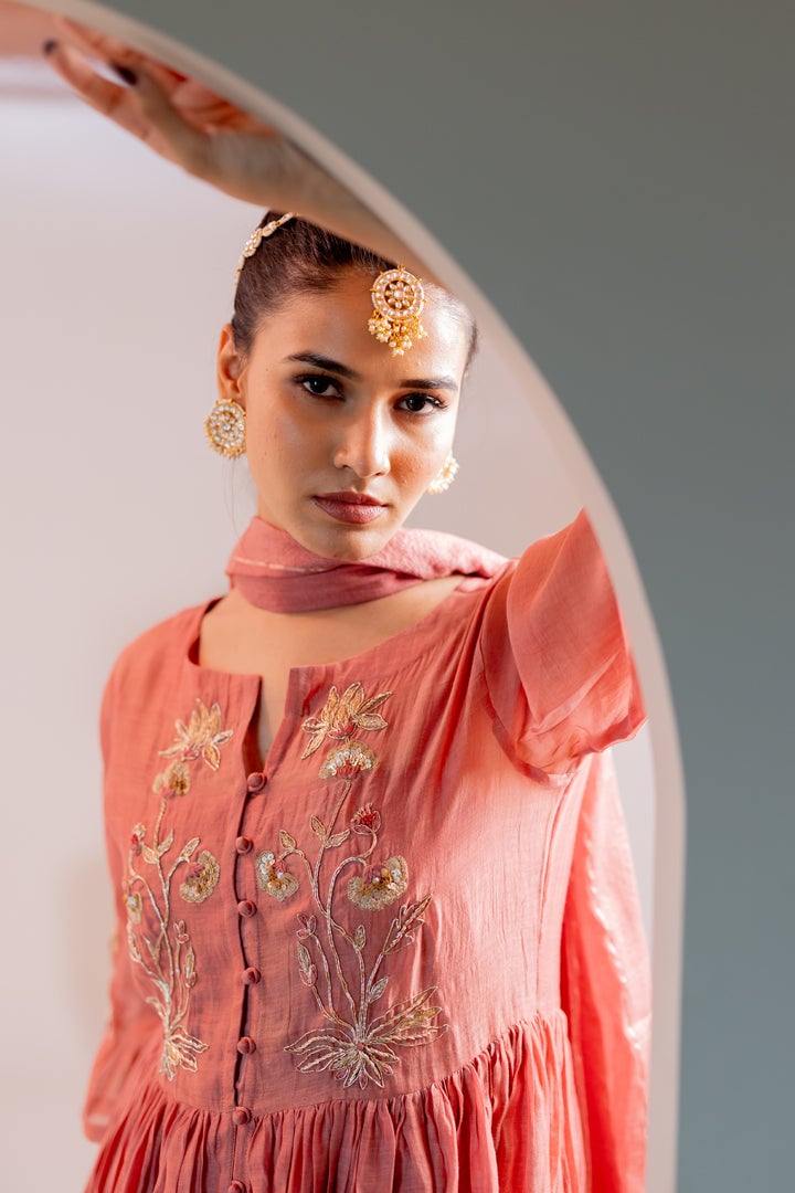 Pink Chanderi Embroidered Flared Kurta Set with Slip