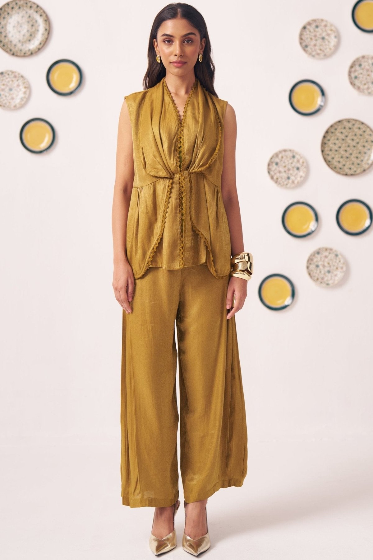 Gold Shimmering Lace Top and Pant Festive Set