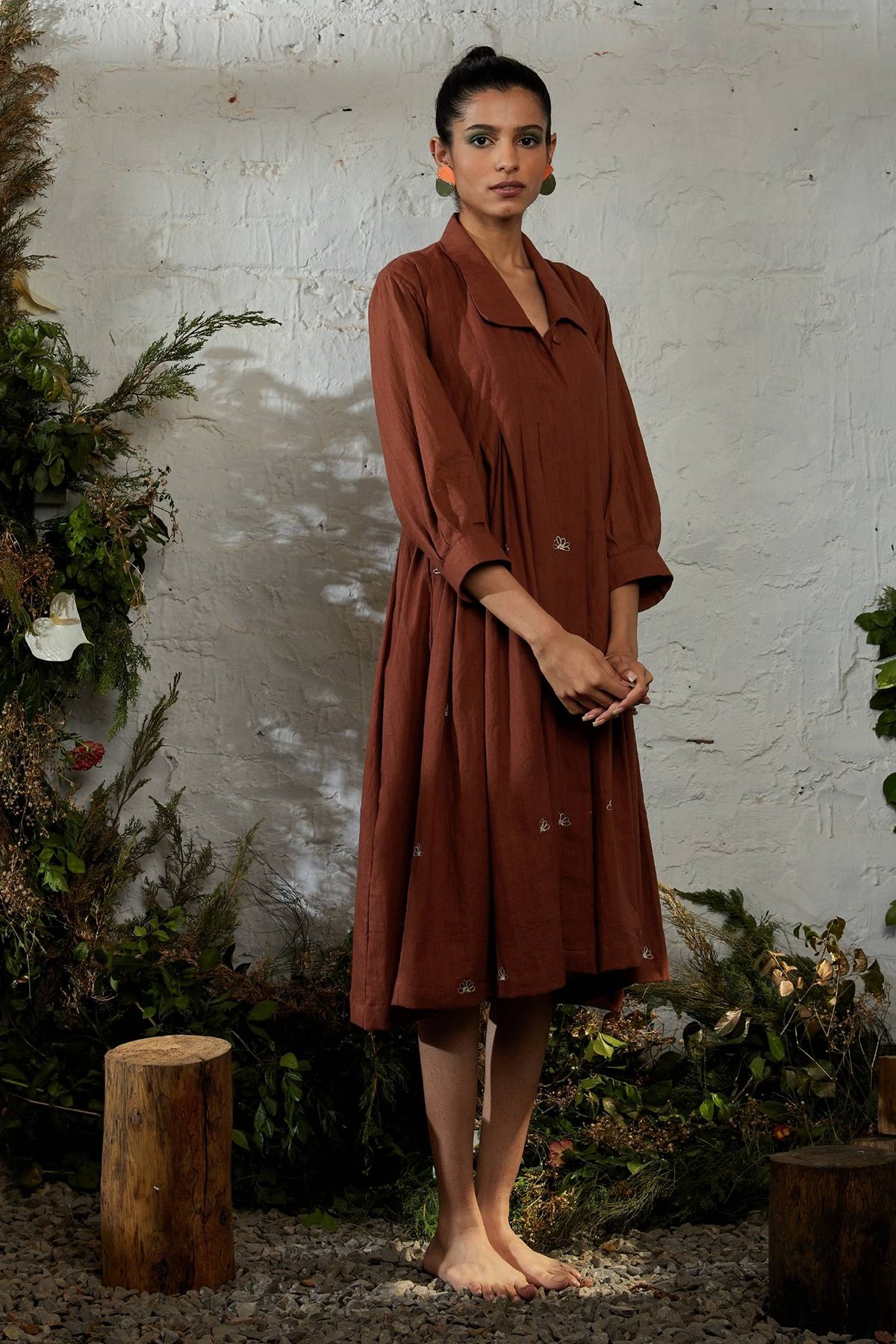 Cinnamon Khadi Pleated Midi Shirt Dress