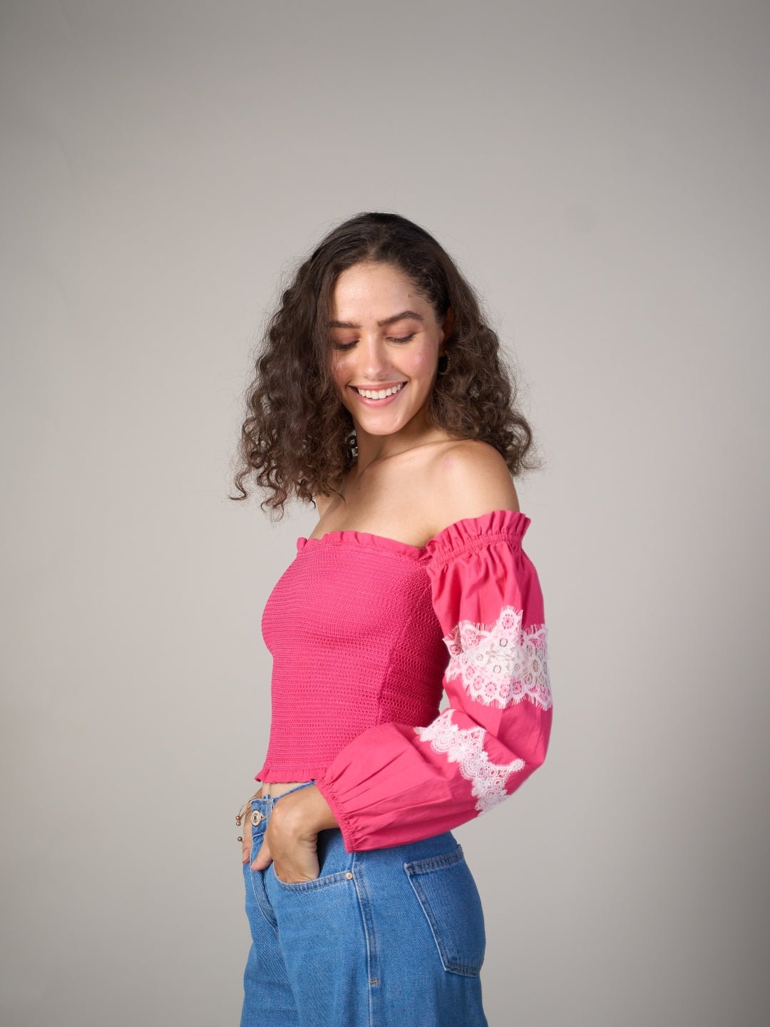 Pink Off-Shoulder Smocked Top with Lace Bishop Sleeves