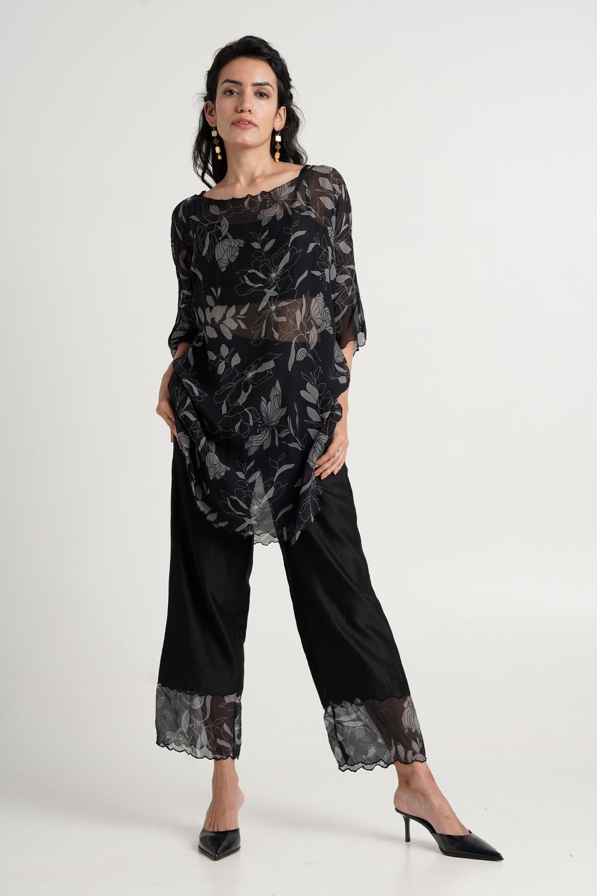 Black Floral Print Sheer Overlay Co-ord Set with Pants