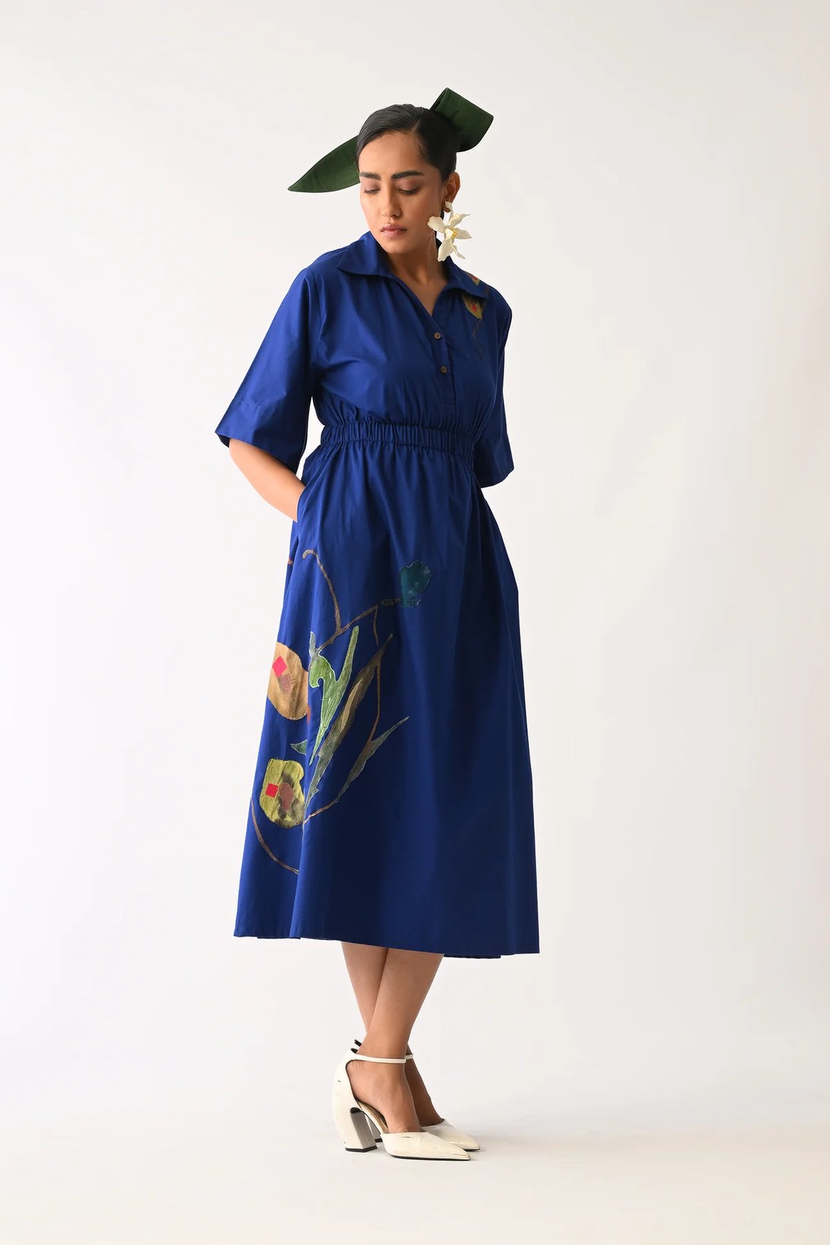 Blue Poplin A-Line Midi Shirt Dress with Botanical Appliqué