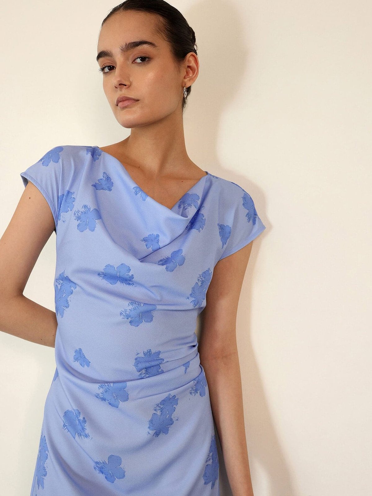 Blue Floral Cowl Neck Shift Dress