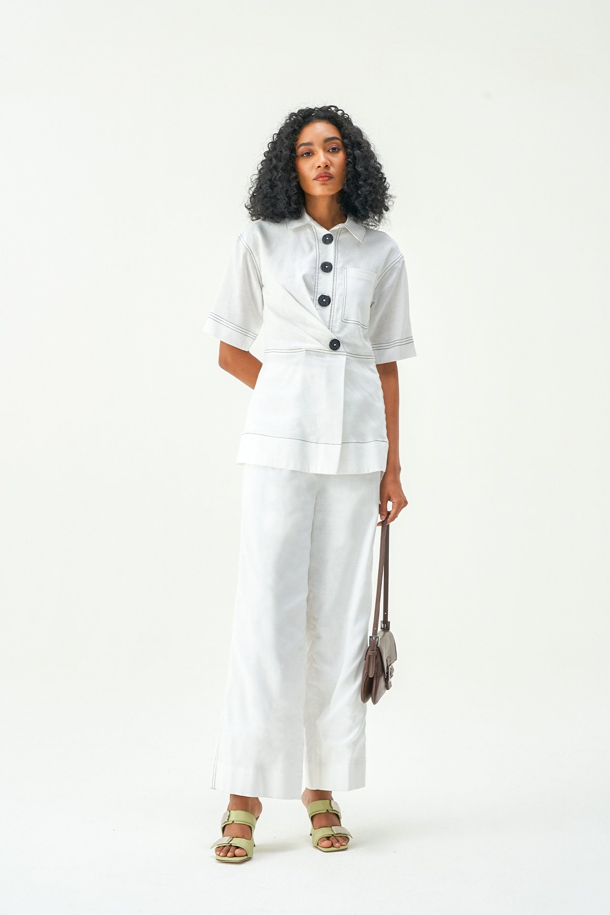 Off-White Linen Wrap-Top and Straight-Leg Pants Co-ord Set