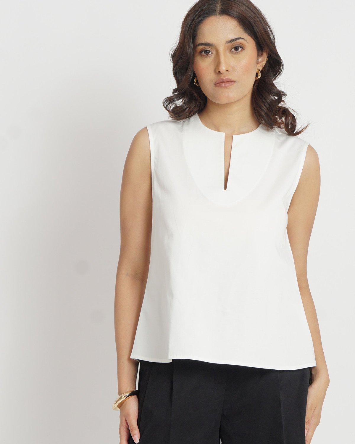 White Notched Neck Relaxed A-Line Sleeveless Cotton Top