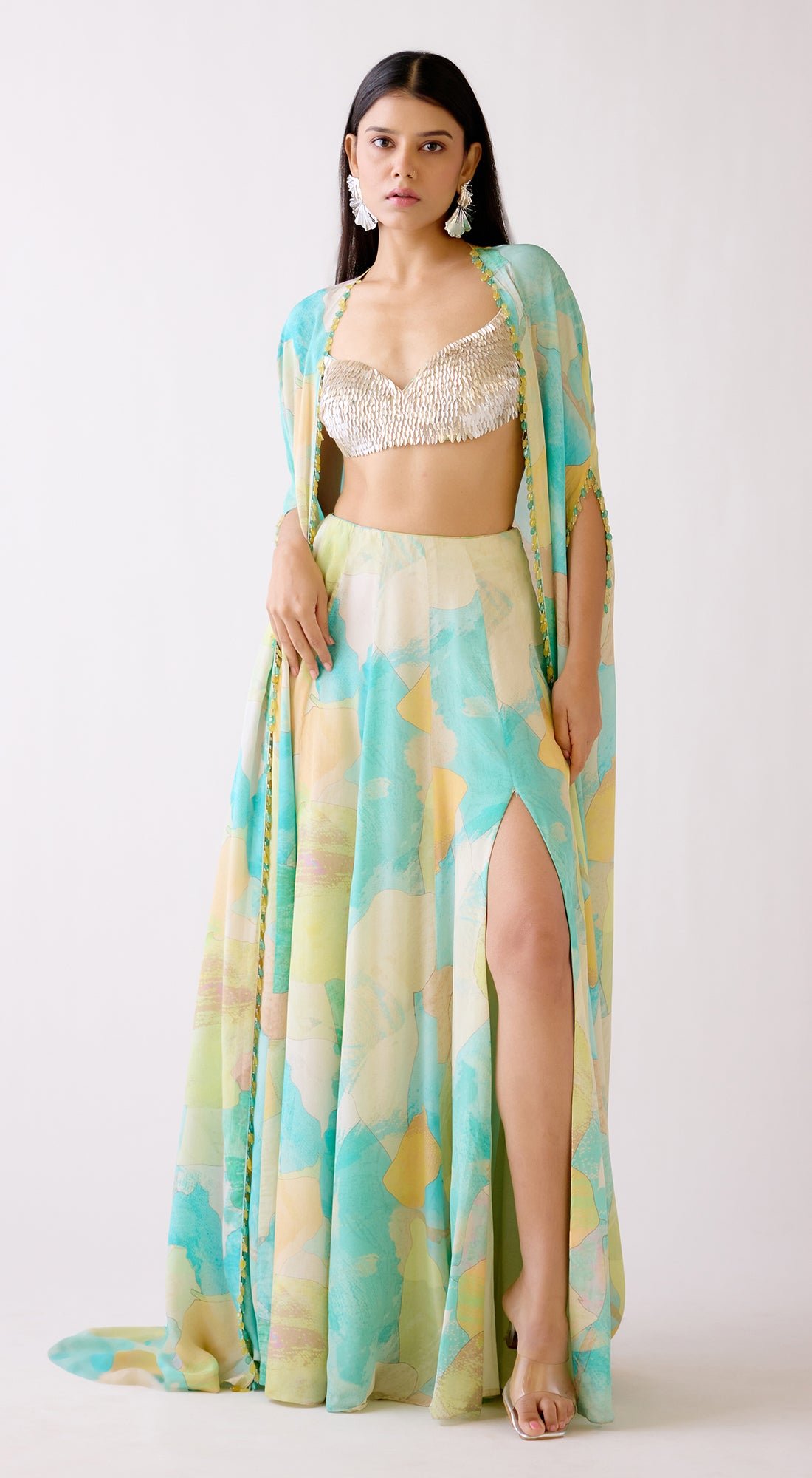 Aqua Sequin Blouse, Sharara and Cape Co-ord Set