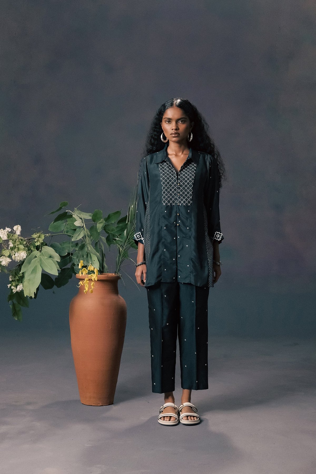 Indigo Shirt & Strainght Pants In Silk Chanderi