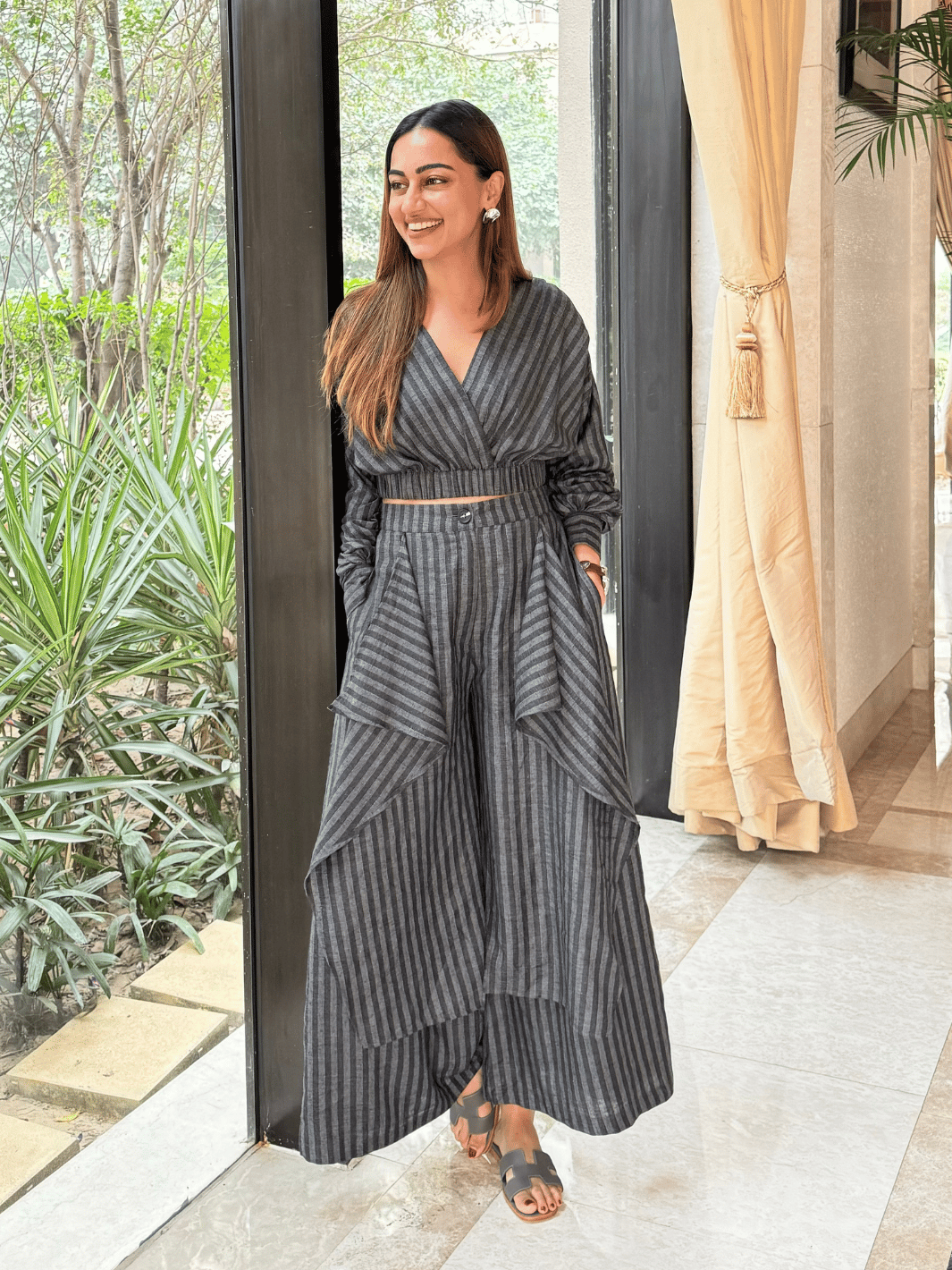 Grey Striped Wrap Top and Wide-Leg Co-ord Set