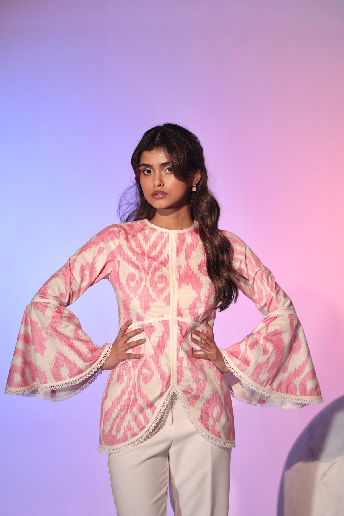 Pink and Cream Printed Longline Zip-Front Jacket