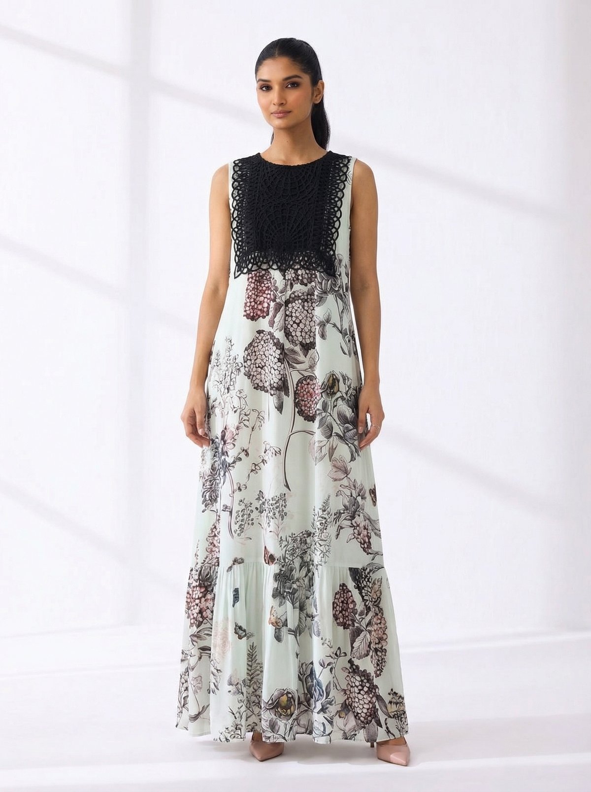 Multicolor Floral Georgette Maxi Dress with Lace Yoke