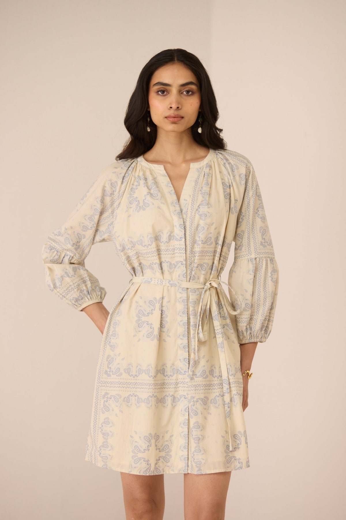 Paisley Blue Cotton Poplin Belted Mini Dress