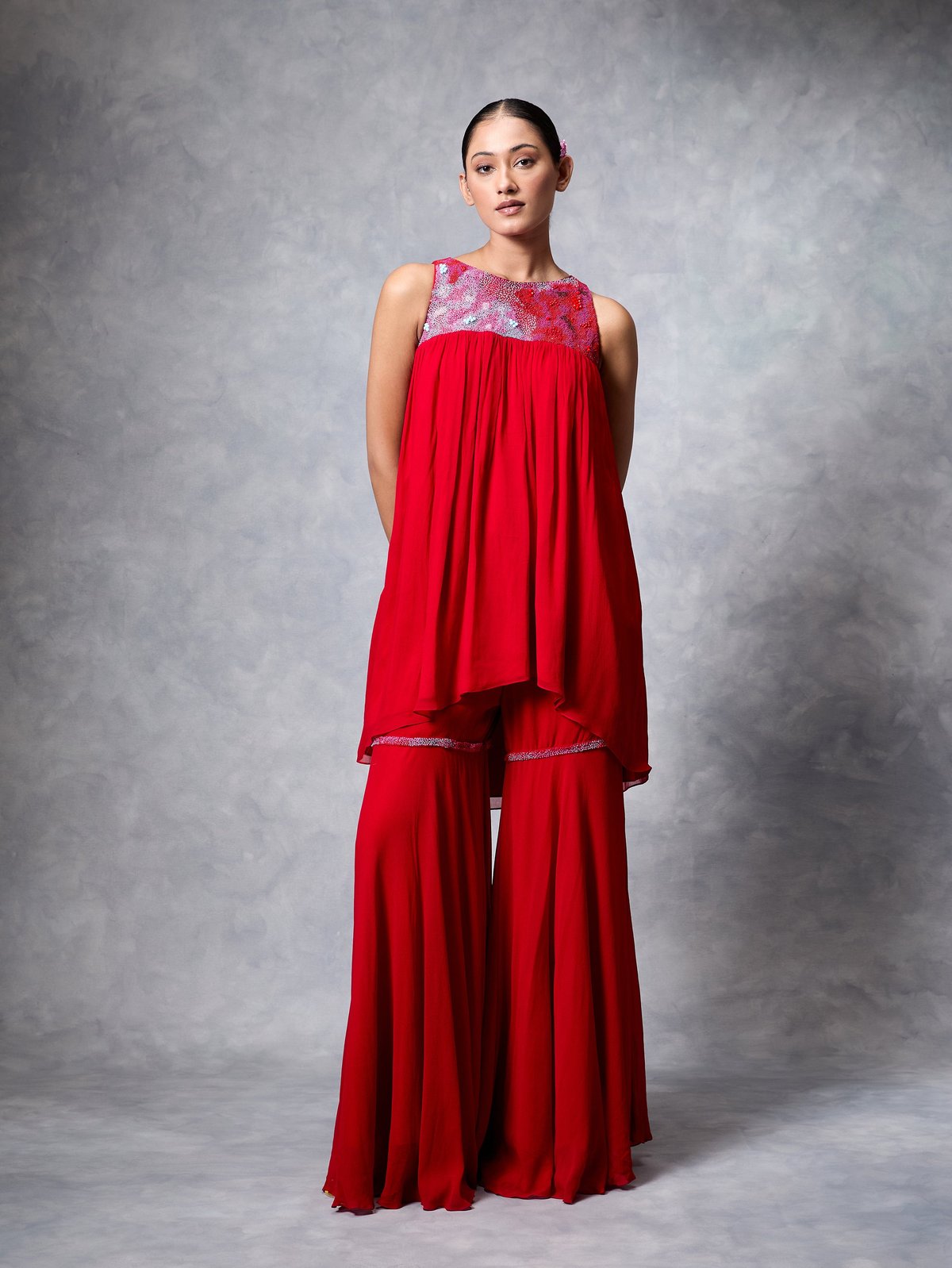 Red Georgette Sleeveless Kurta and Gharara Set