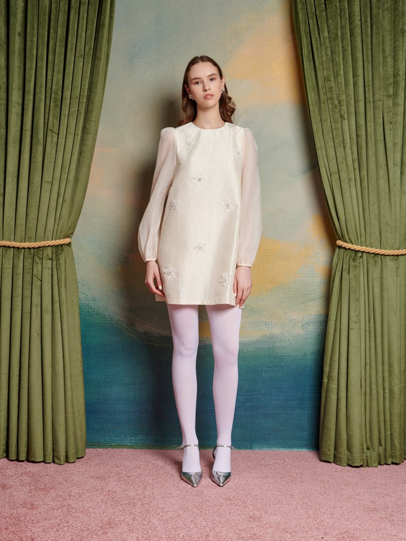 Ivory Shift Mini Dress with Sheer Sleeves and Floral Applique