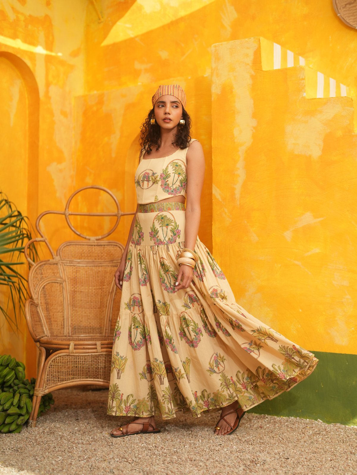 Coral Peach Tropical Corset Top and Maxi Skirt Co-ord Set