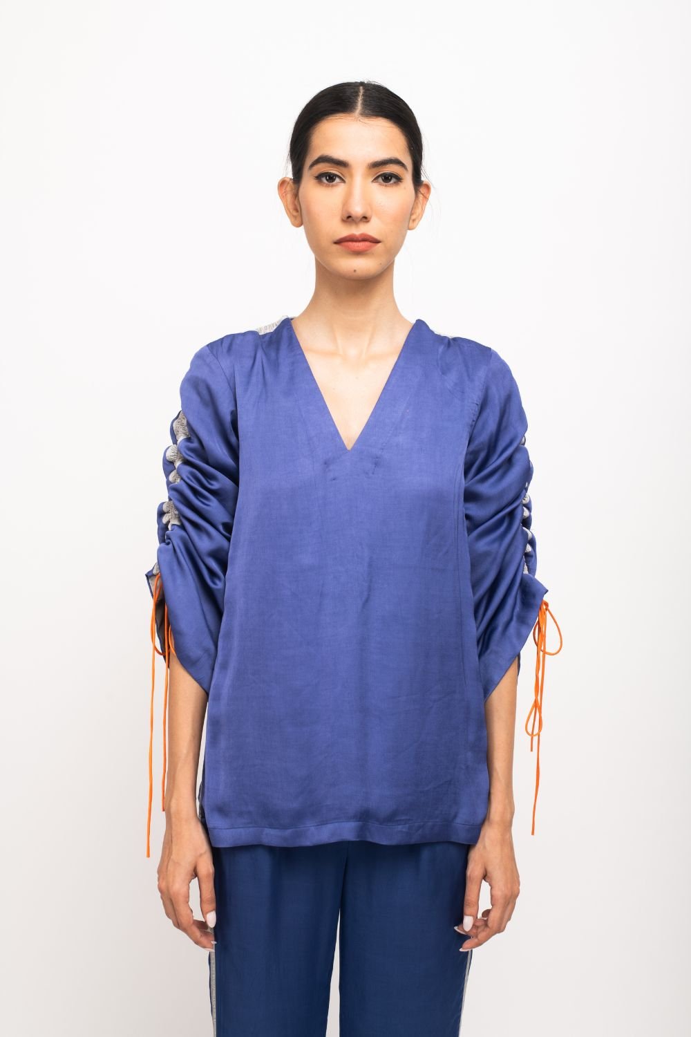 Blue-Grey Ruched Sleeve Top and Flared Pants Co-ord Set