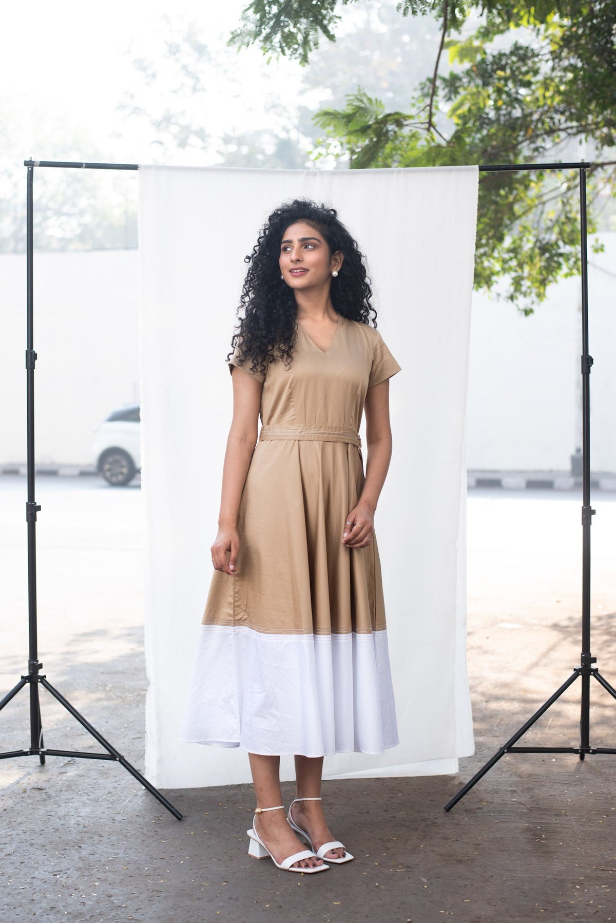 Beige and White Colorblock Belted Midi Dress