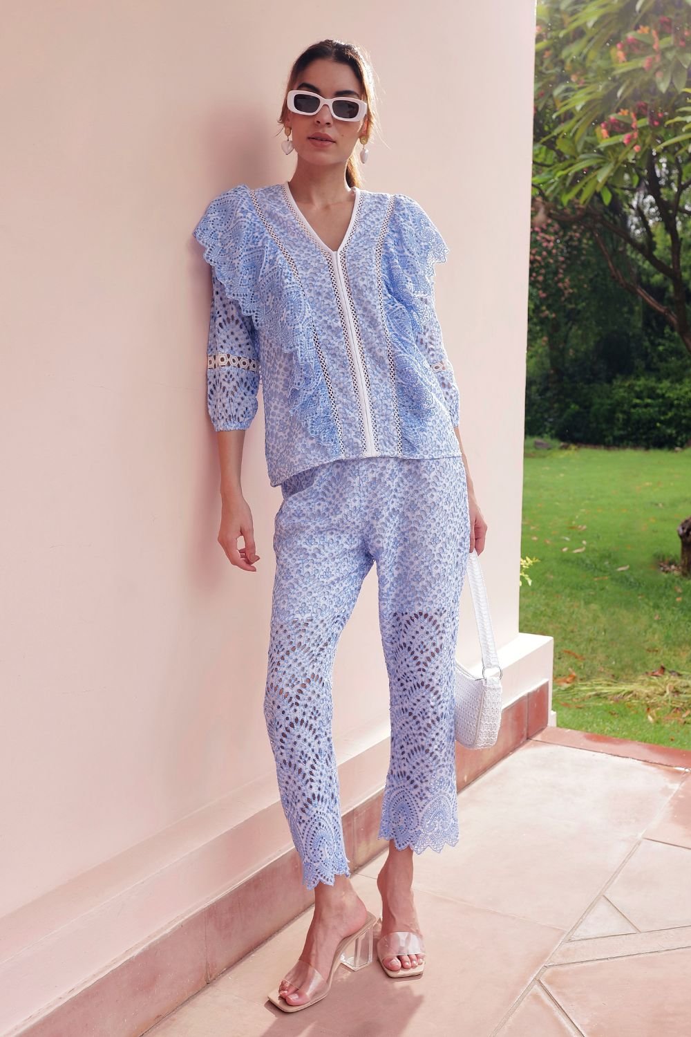 Blue Cotton Broderie Anglaise Co-ord Set with Ruffles