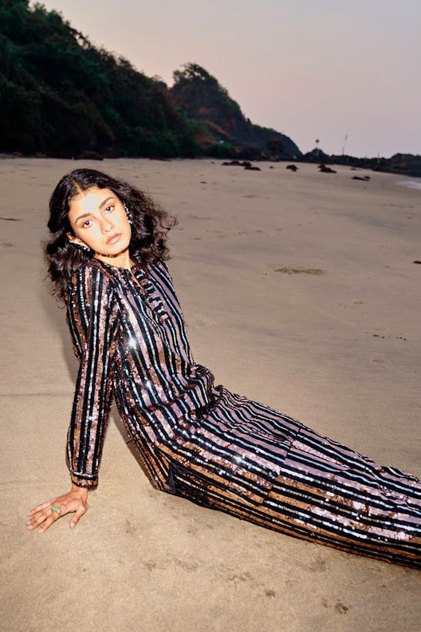 Metallic Multi Sequin Stripe Longline V-Neck Top
