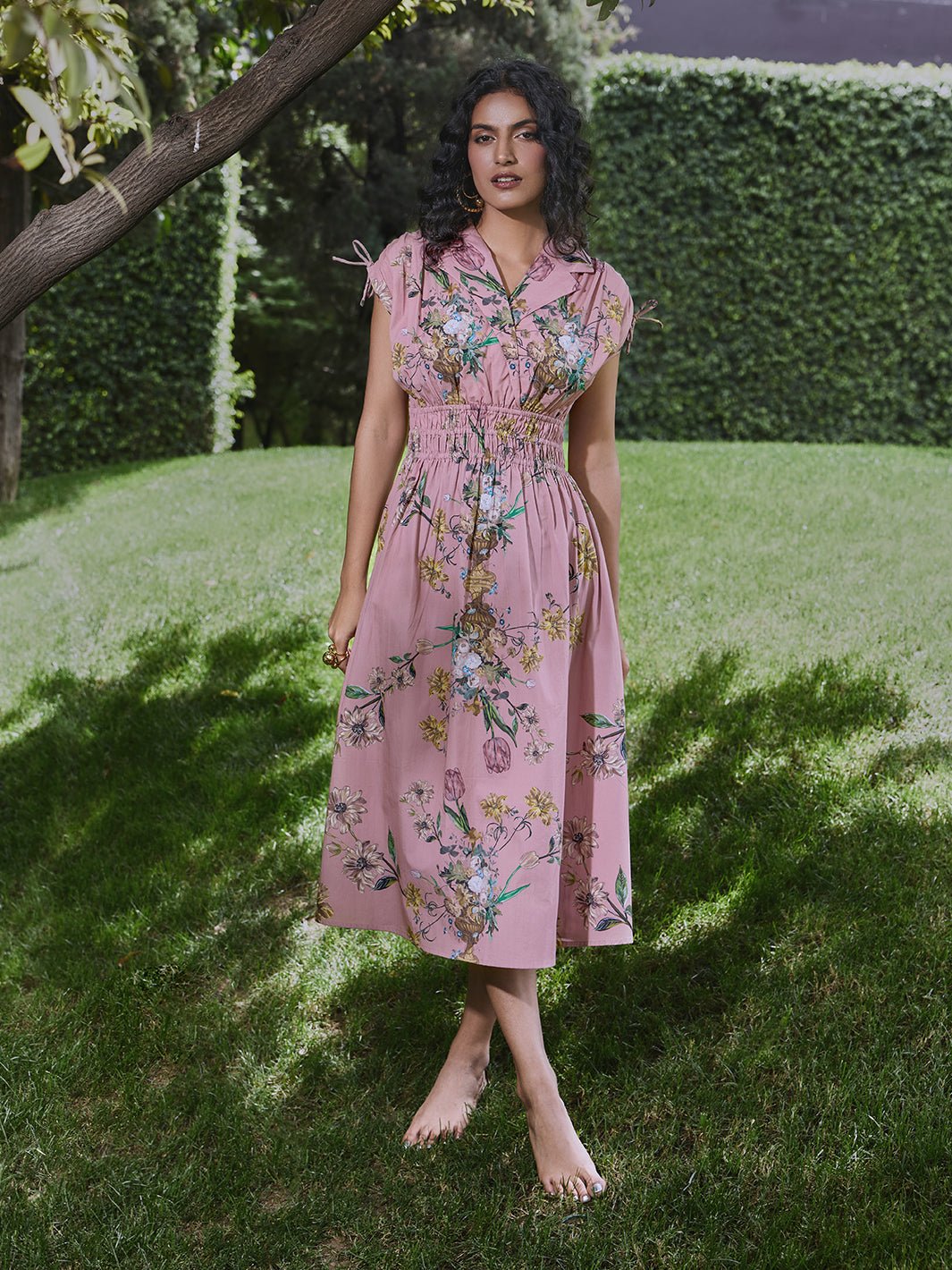 Pink Floral Fit and Flare Midi Dress