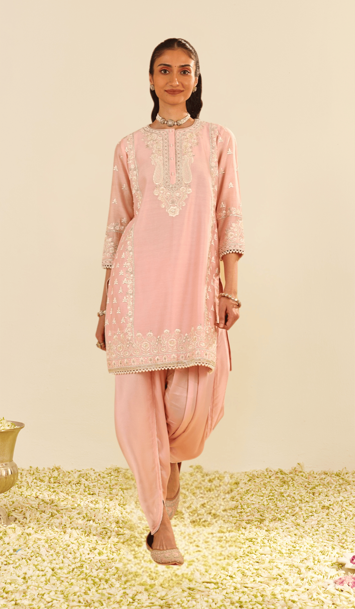 Blush Pink Embroidered Straight Kurta Set with Dhoti