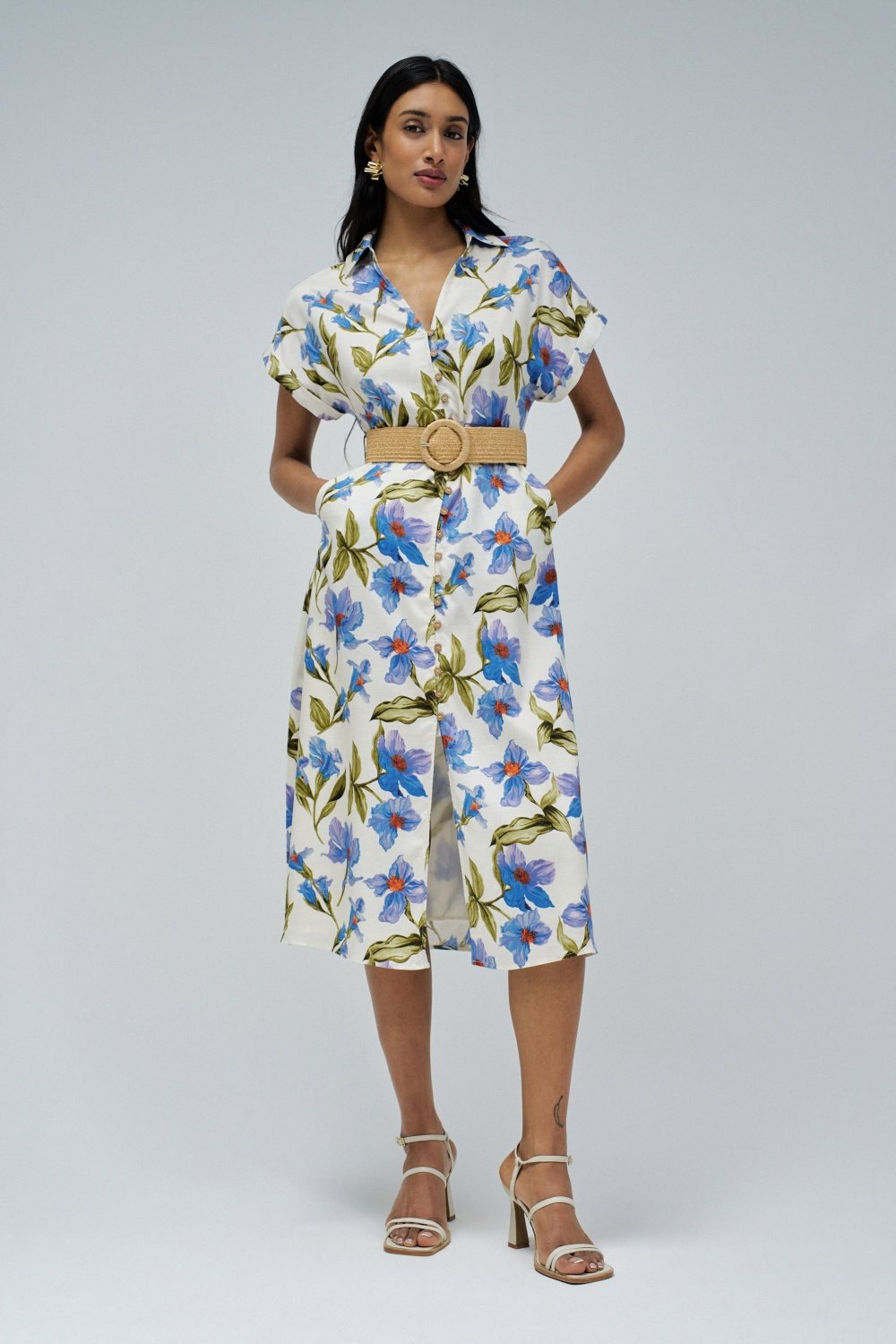 White Floral Button-Down Midi Shirt Dress with Belt