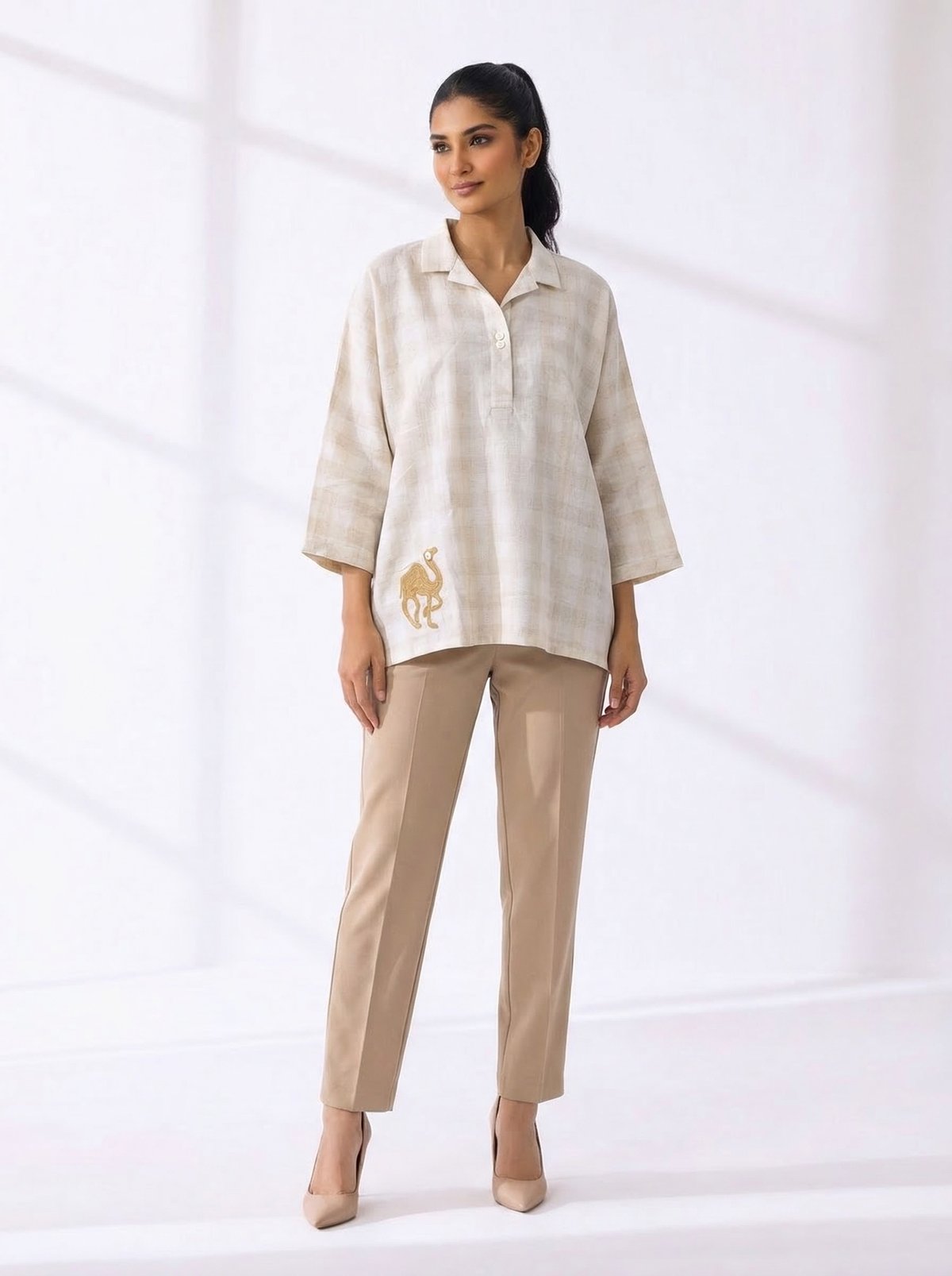 Beige Checked Cotton Collared Relaxed-Fit Top