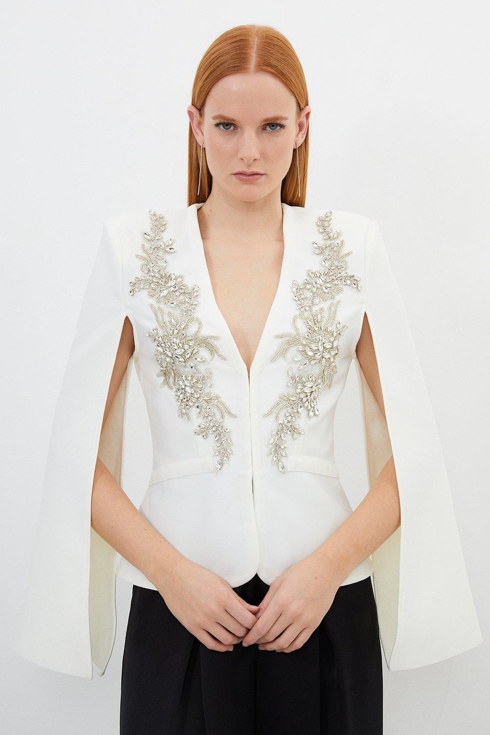 Cream Embellished Cape Sleeve Slim Fit Jacket
