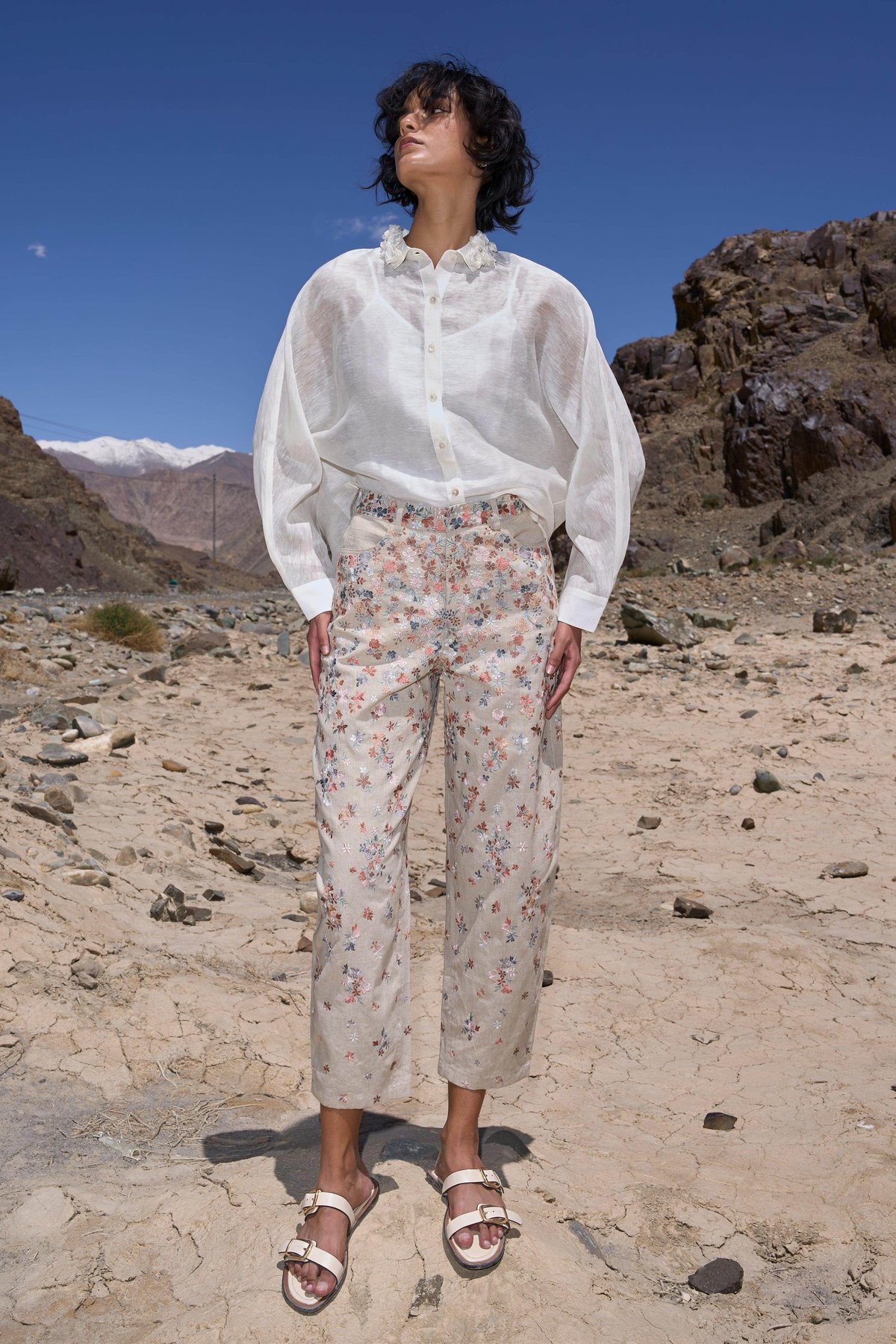 Natural Floral Embroidered Barrel-Leg Trousers