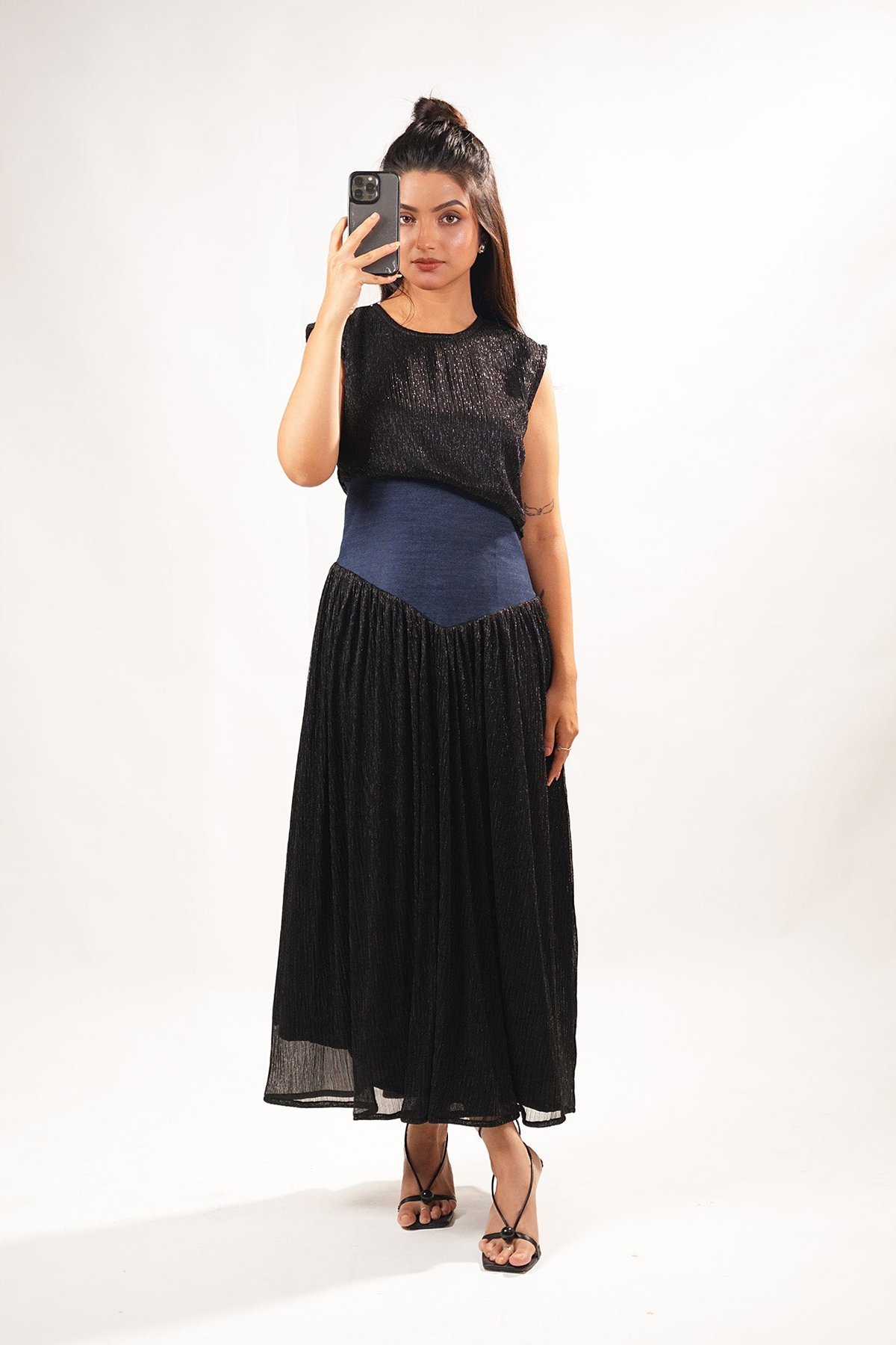 Black A-Line Maxi Dress with Denim Waist Panel