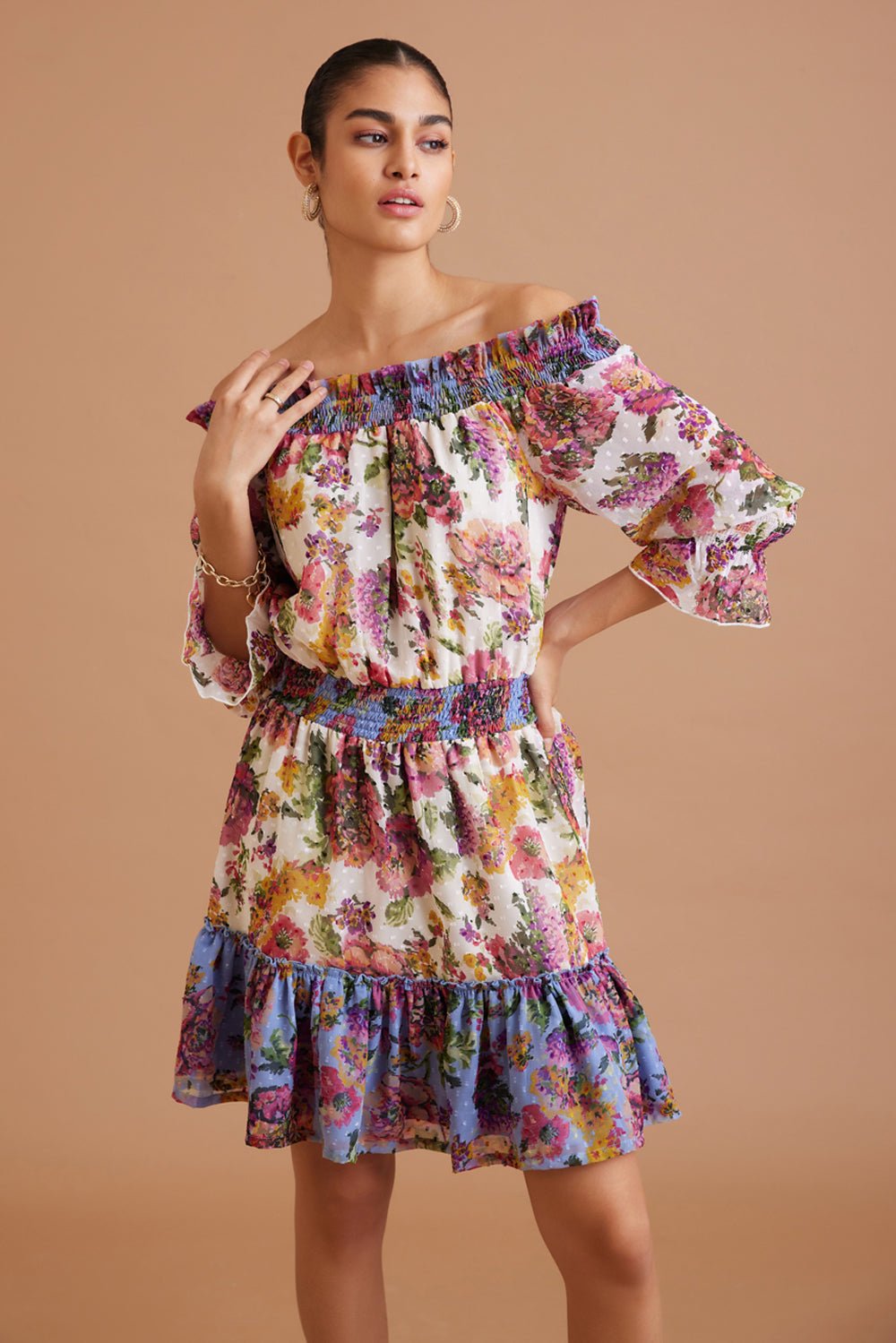 Multicolor Off-Shoulder Floral Tiered Mini Dress