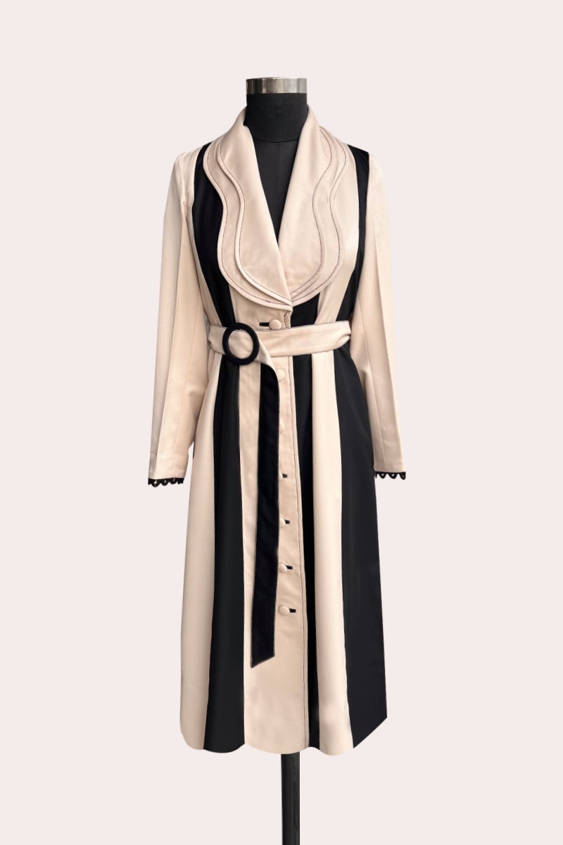 Oat and Black Colorblock Belted Trench Coat