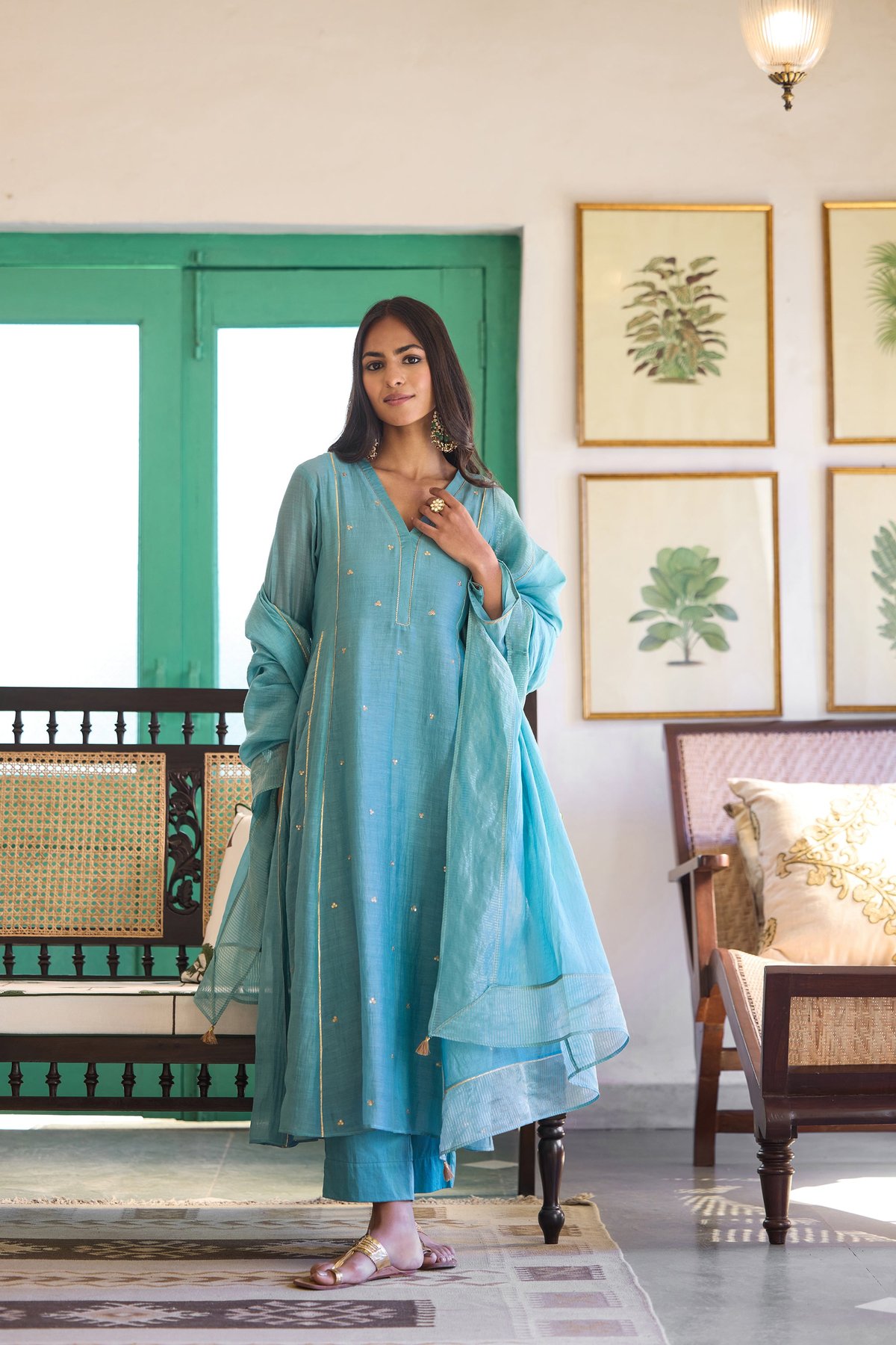 Sky Blue Silk Chanderi Embroidered Kurta Set