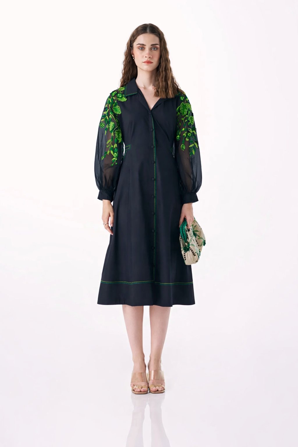 Black Fit and Flare Midi Dress with Sheer Embroidered Sleeves