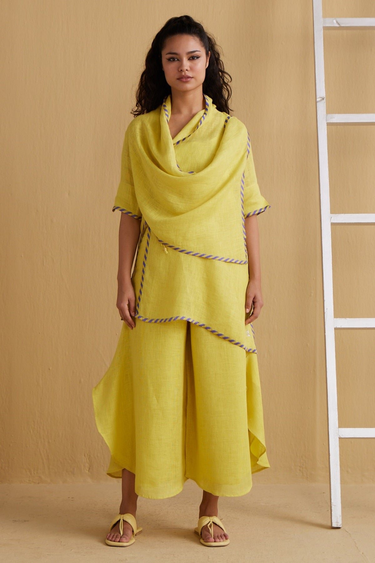 Yellow Gauze Linen Cape with Contrast Border