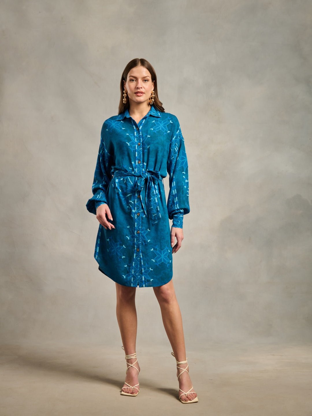 Blue Geometric Printed Belted Shirt Dress
