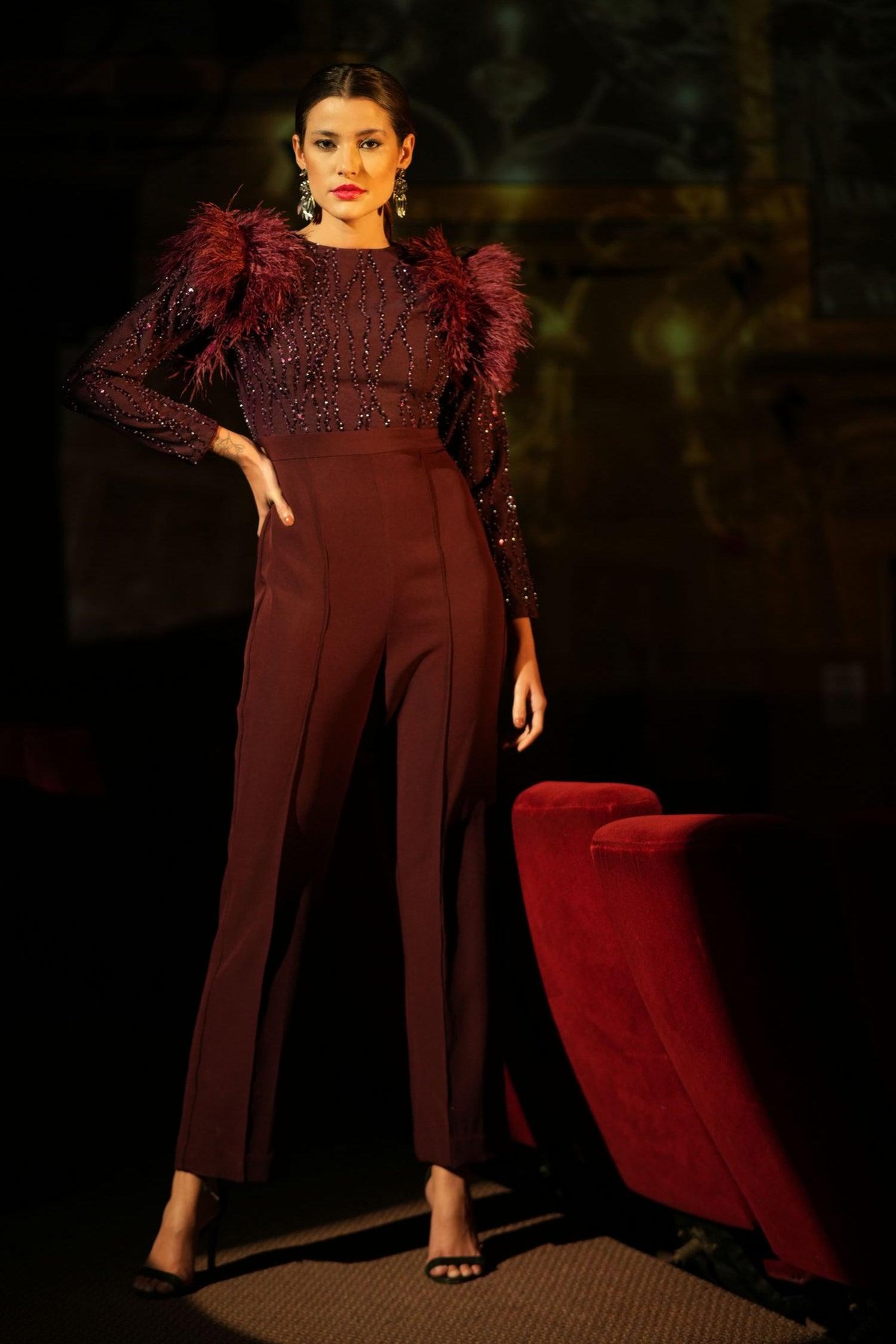 Wine Sequin Mesh Jumpsuit with Feather-Style Shoulder Detail
