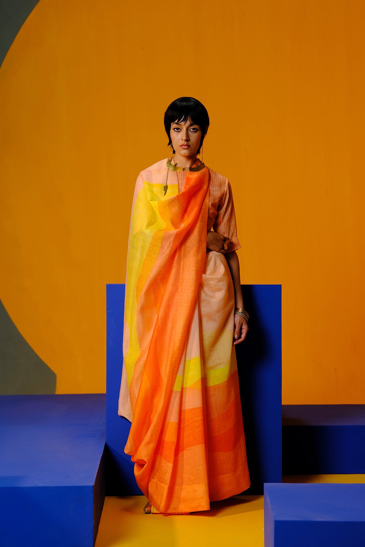 Diffuse Bright Orange & Yellow Saree Set