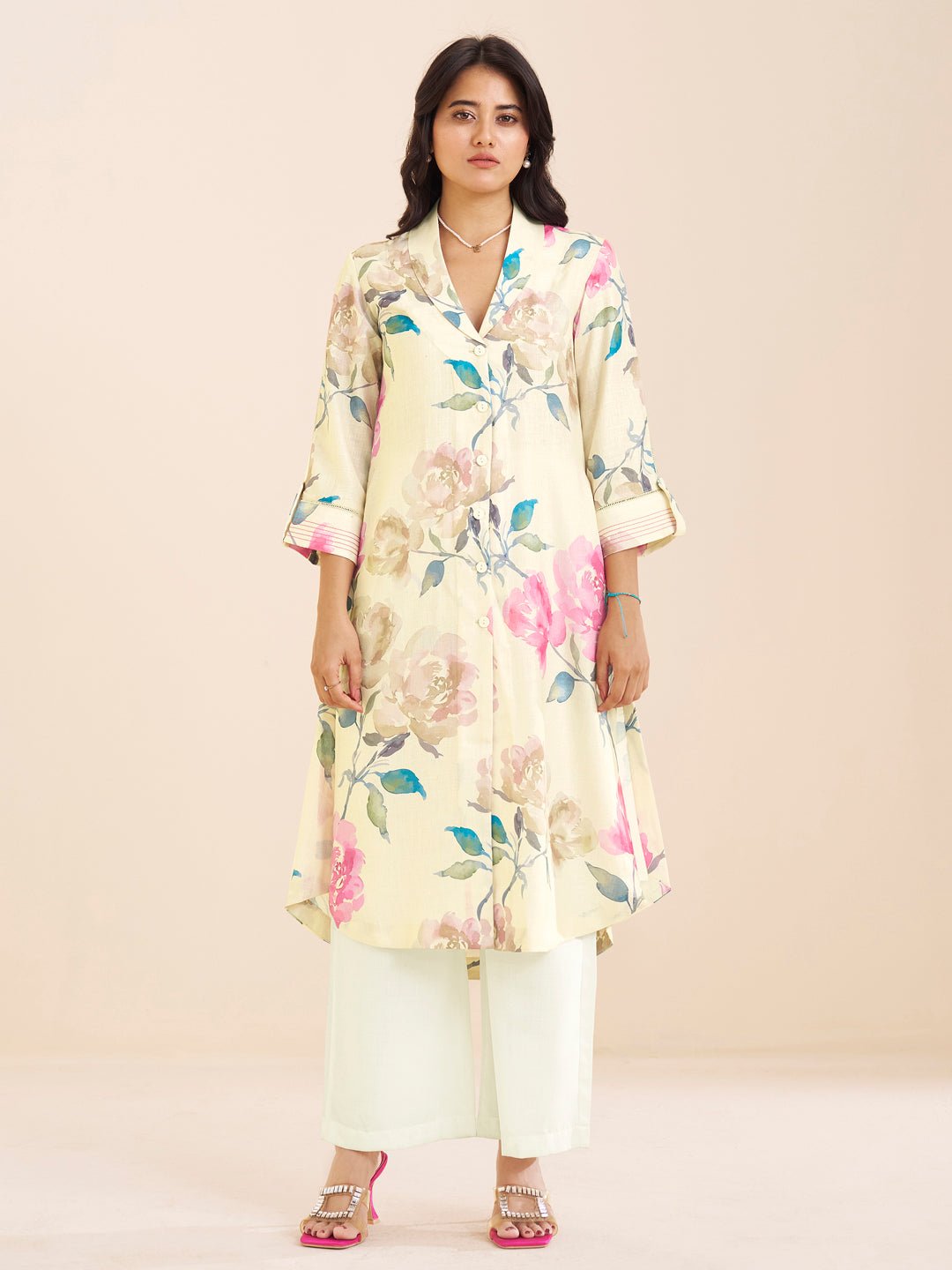 Graceful Cream Linen Blend Kurta with Pink Floral