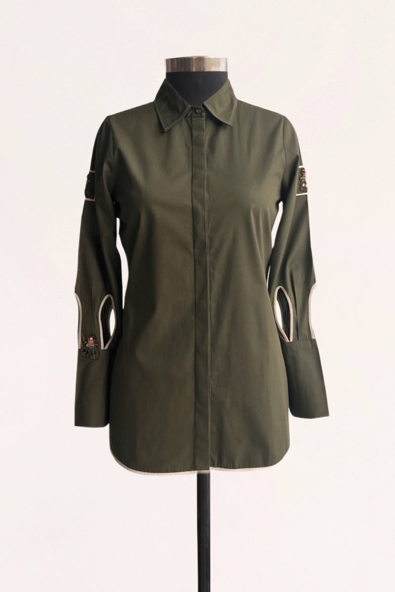 Olive Relaxed-Fit Shirt with Embellished Bug Motif