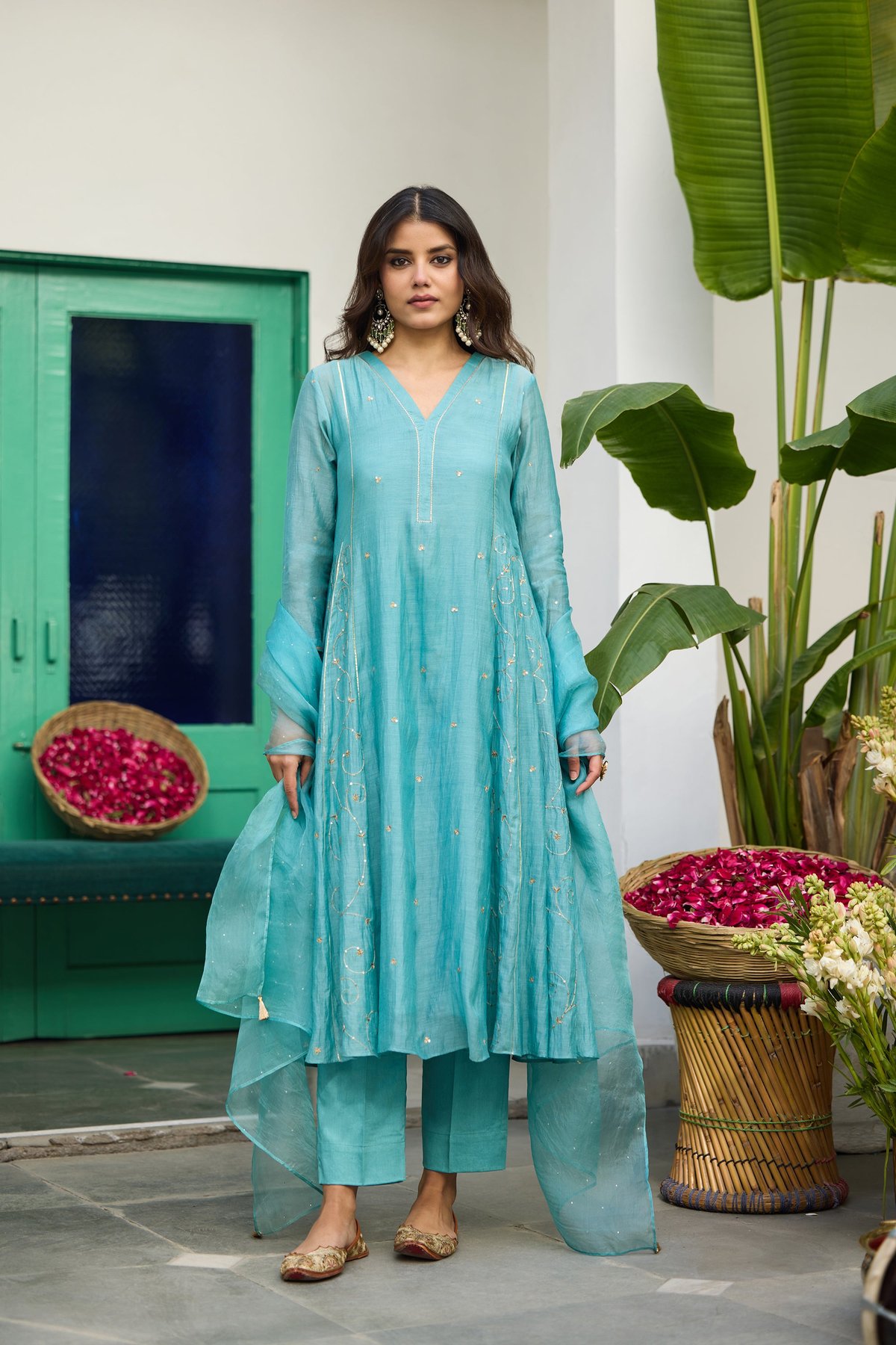Sky Blue Silk Chanderi Embroidered Flared Kurta Set