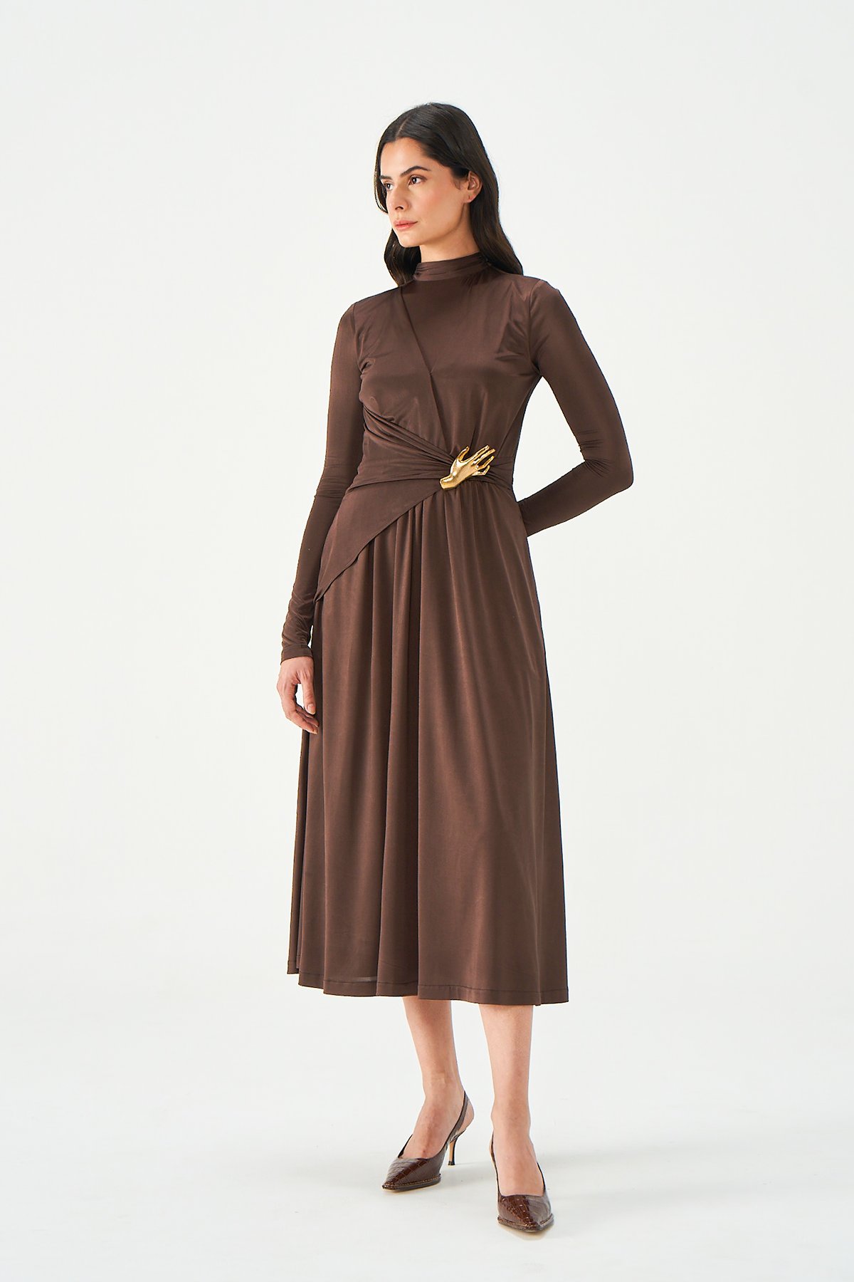 Chocolate Brown Ruched High Neck Midi Dress