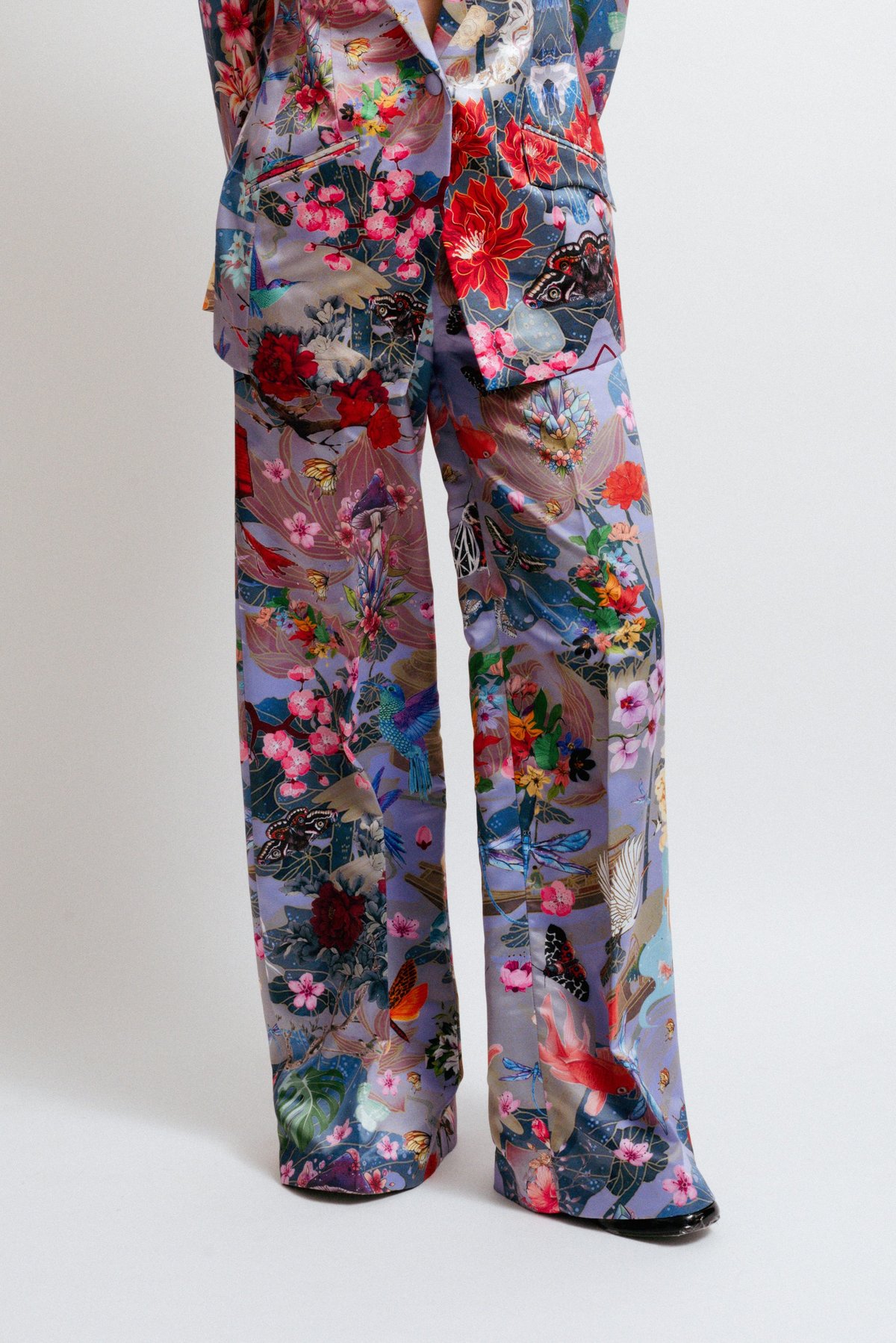 Multicolor Digital Print Wide-Leg Satin Trousers