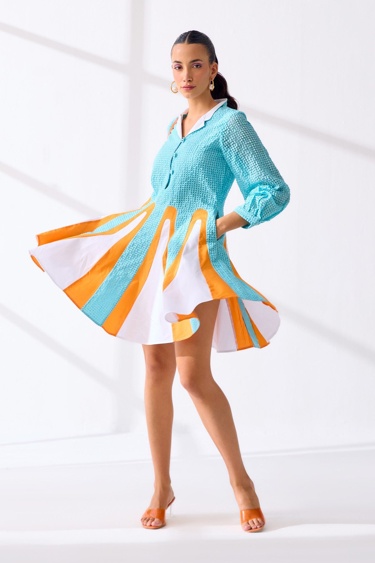 Marine, White and Sunset Orange Colorblock Mini Dress