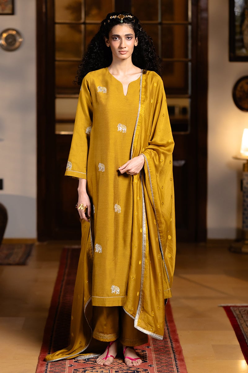 Mustard Silk Embroidered Straight Kurta Set With Dupatta