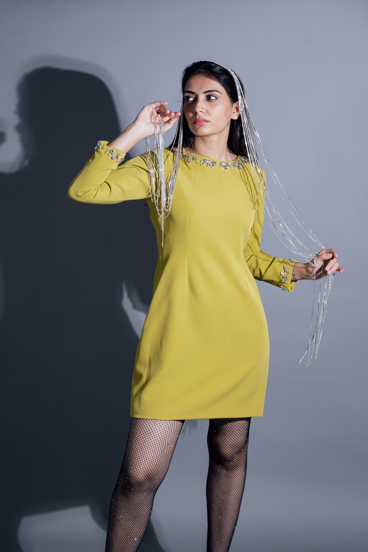 Yellow Crystal-Embellished Sheath Mini Dress
