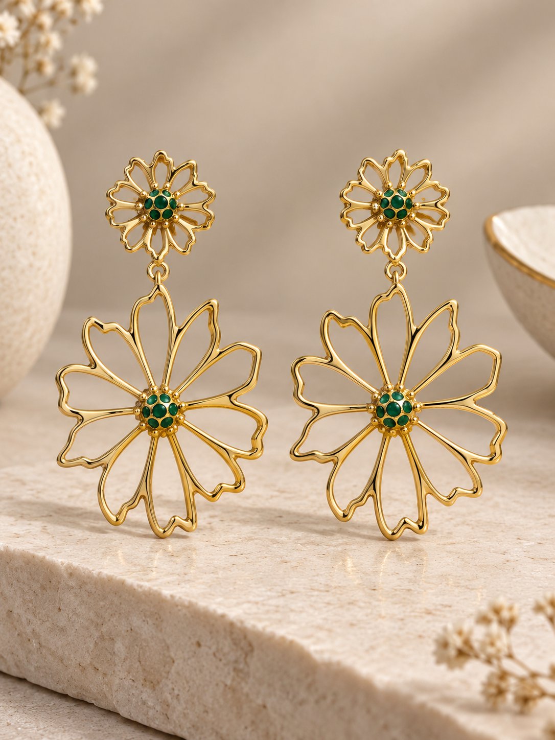 Double Layer Hollow Flower Tassel Earrings | Gold-Plated 925 Silver