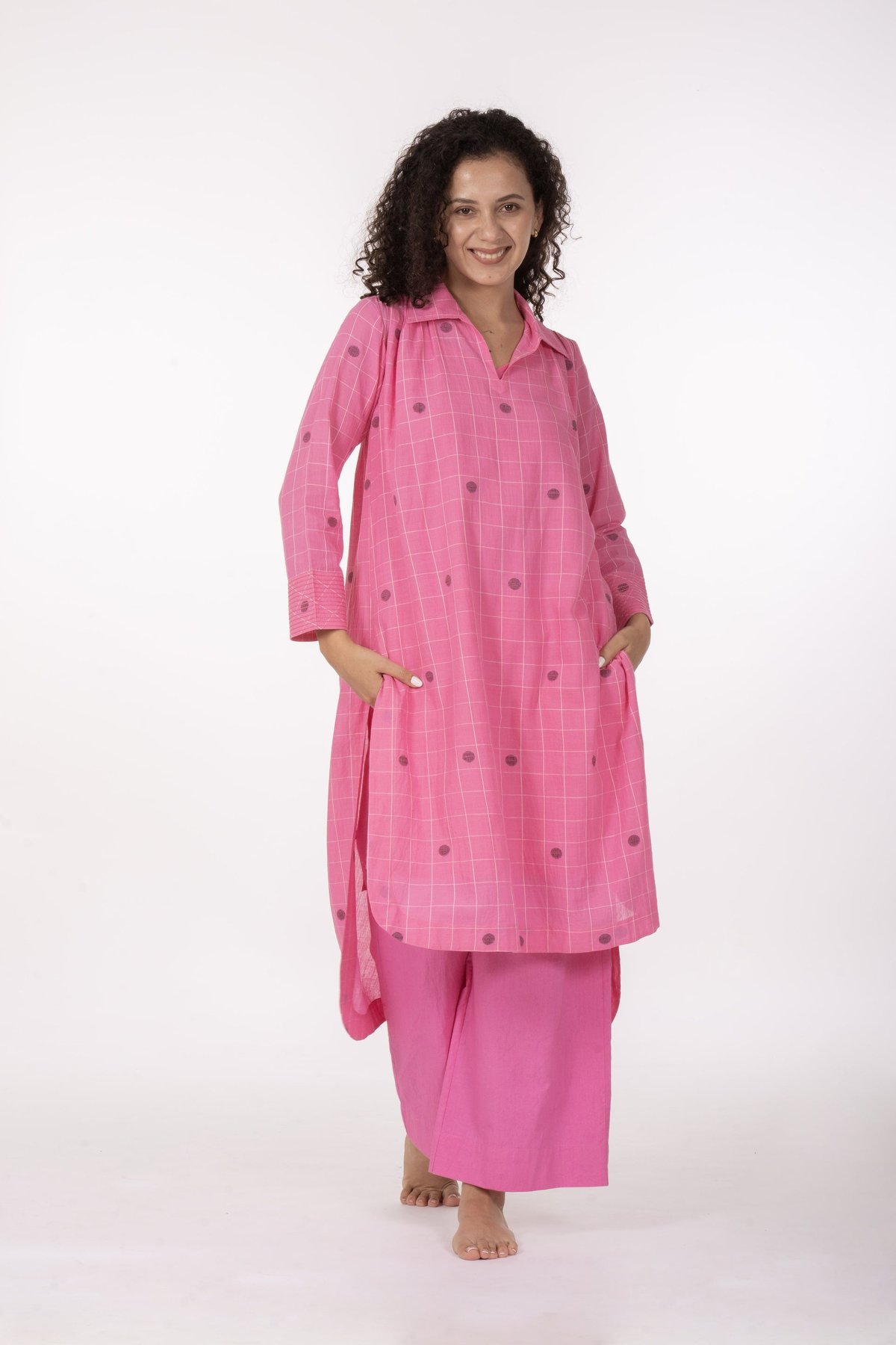 Pink Checked and Polka Dot Straight Kurta Set