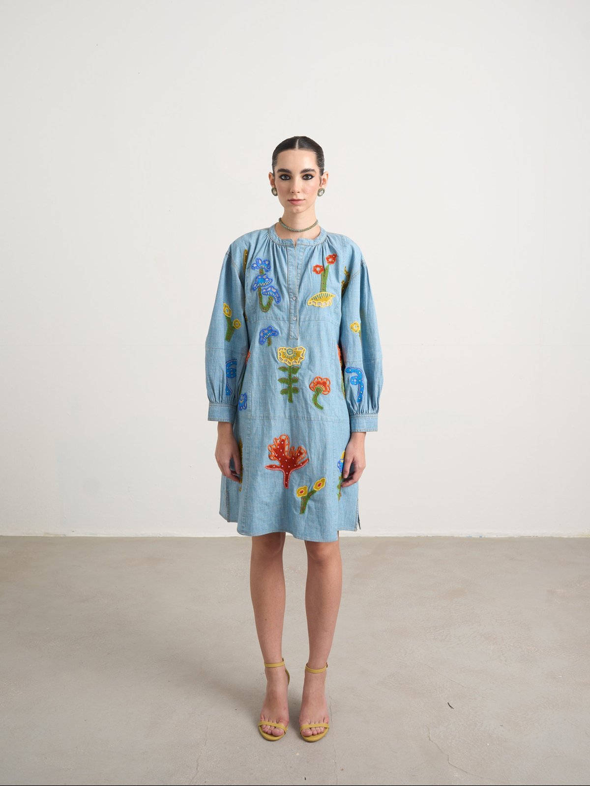Blue Chambray Straight Knee-Length Dress with Patchwork Motifs
